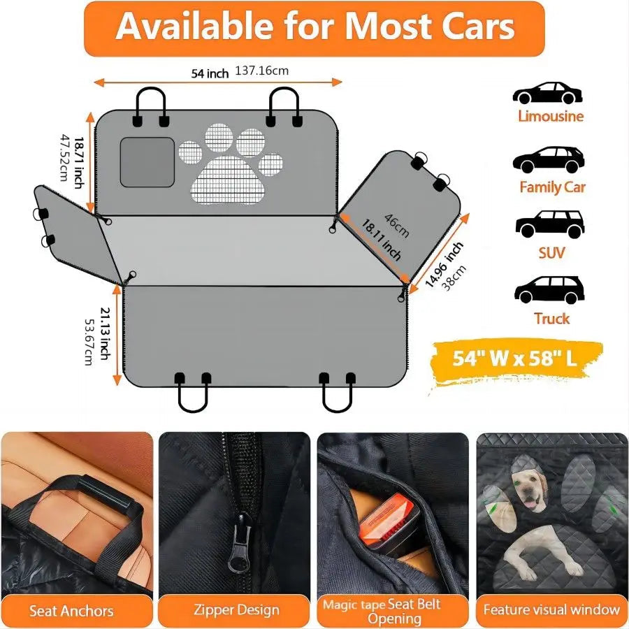 Dog Car Seat Cover for Back Seat, 100% Waterproof Dog Car Hammock with Visual Mesh Window and Side Zipper Car Seat & Door Protec PawsMagics